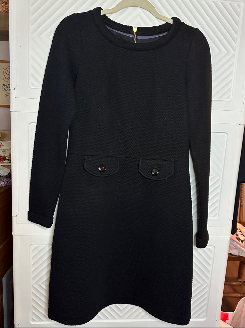 Boden Black Long-Sleeve Textured Shift Dress with Flap Pockets